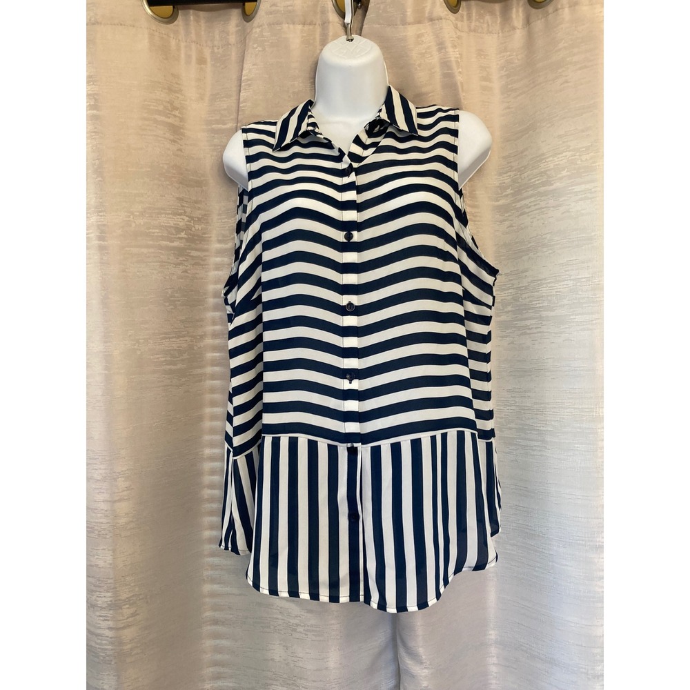 New Directions Women's Large Sleeveless Striped Button Down Top Casual